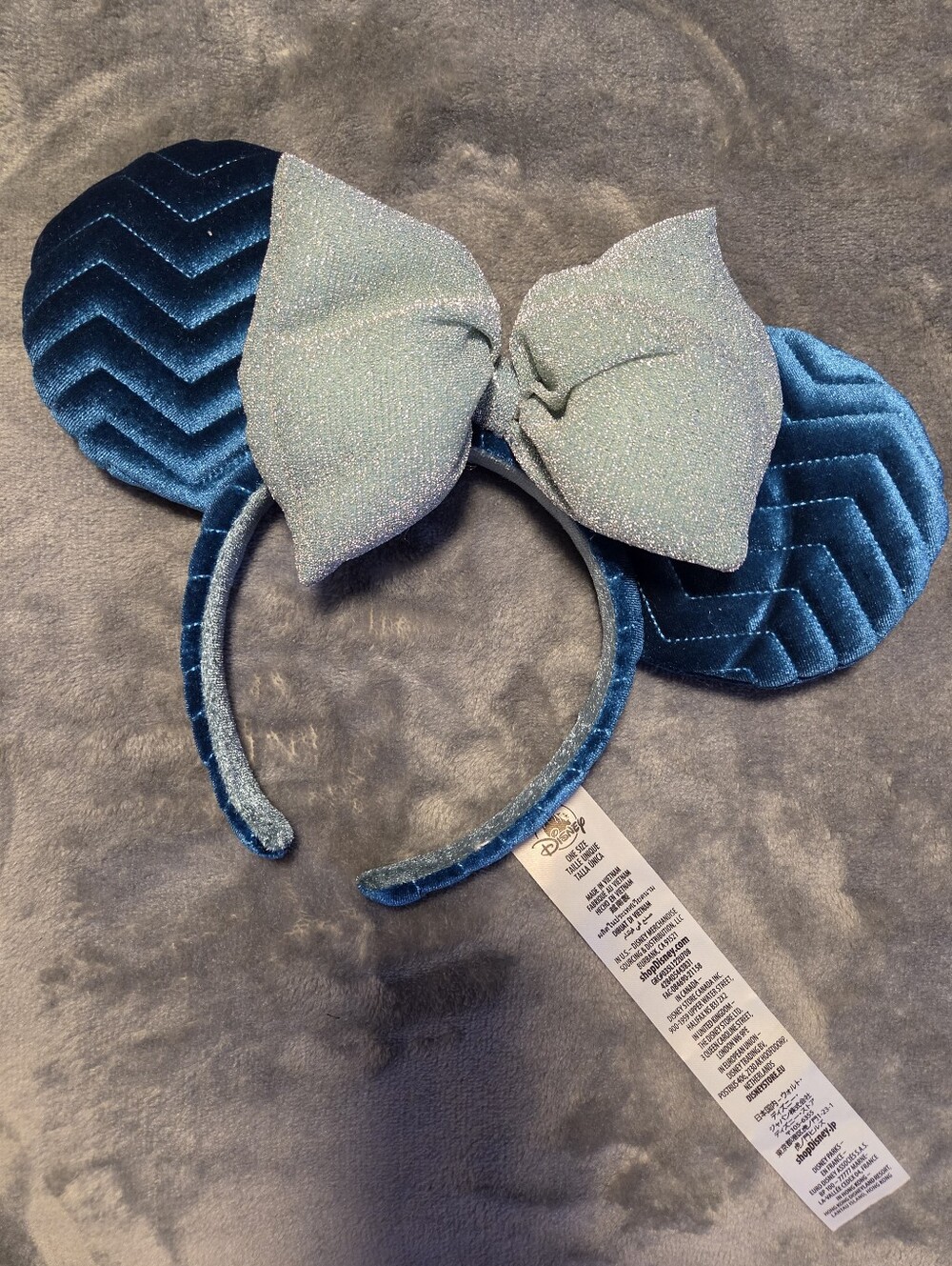 Disney Teal Velvet Minnie Mouse Ears Headband with Glitter Bow